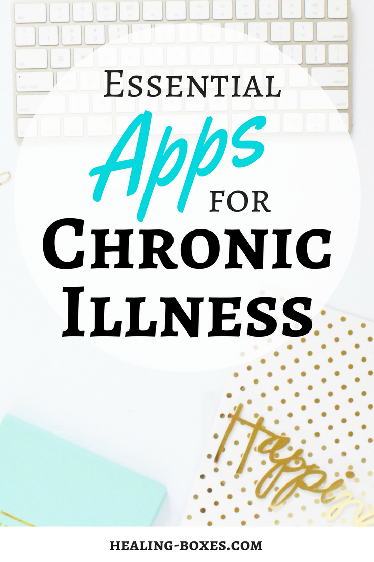 photograph of desk words on top: Essential Apps for Chronic Illness Healing-Boxes.com
