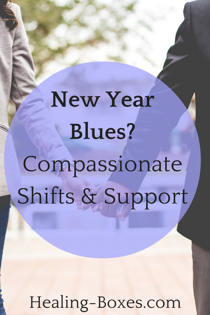 Two people holding hands, african american, blue circle over the photo, text: New Year Blues? Compassionate Shifts and Support
