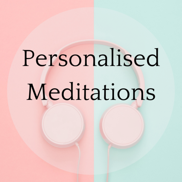 Personalised meditations text over picture of pink headphones on a mint and pink background